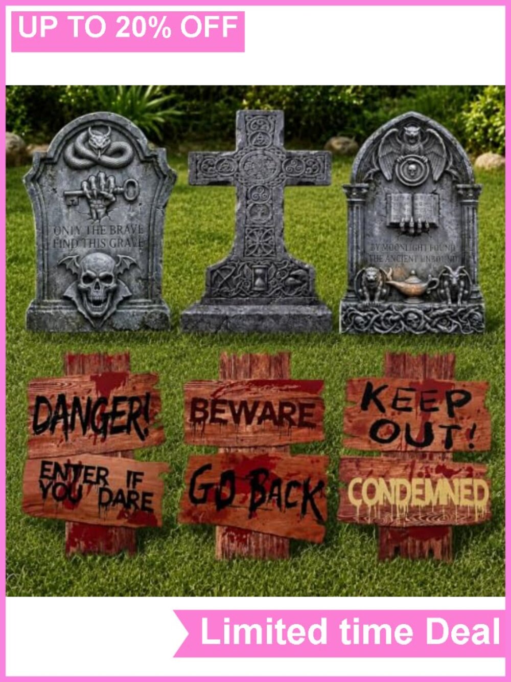 Halloween Yard Signs 6pc Double-Sided Black Plastic Tombstone Decor 16.5in